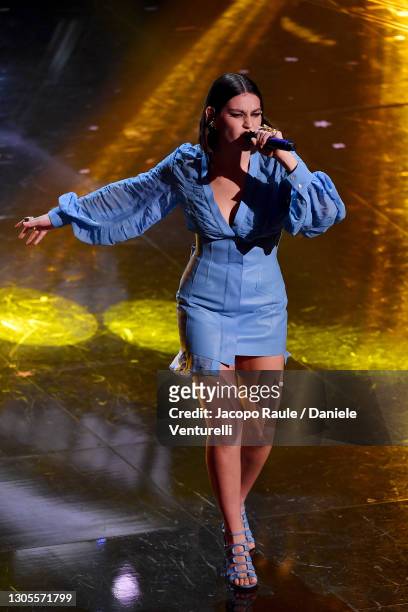 Gaia Gozzi is seen on stage during the 71th Sanremo Music Festival 2021 at Teatro Ariston on March 05, 2021 in Sanremo, Italy.