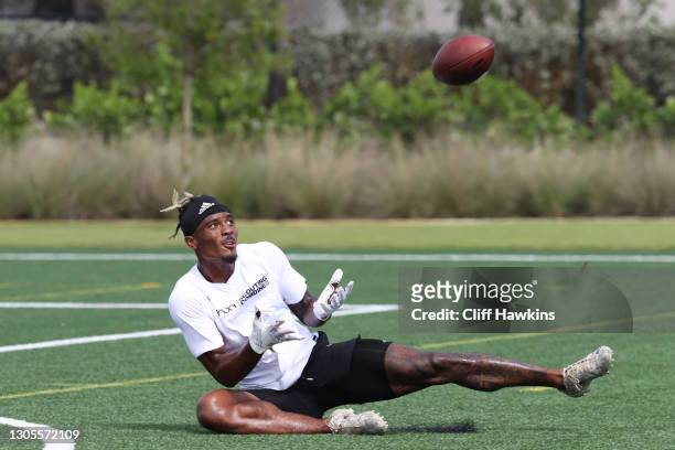 Wide receiver Jhamon Ausbon attends the House of Athlete Scouting Combine at the Inter Miami CF Stadium practice facility on March 05, 2021 in Fort...
