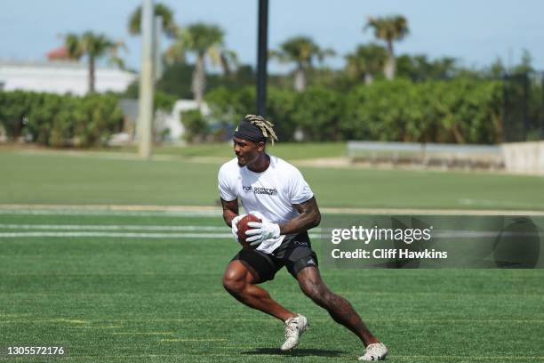 Wide receiver Jhamon Ausbon attends the House of Athlete Scouting Combine at the Inter Miami CF Stadium practice facility on March 05, 2021 in Fort...