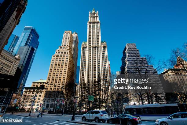 View of the Woolworth Building in Downtown Manhattan on March 05, 2021 in New York City. Completed in 1912, the Woolworth Building was designed by...
