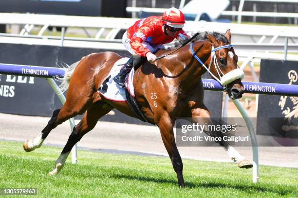 Luke Nolen riding Lightsaber winning Race 4, the Mss Security Sires' Produce Stakes, during Melbourne Racing at Flemington Racecourse on March 06,...