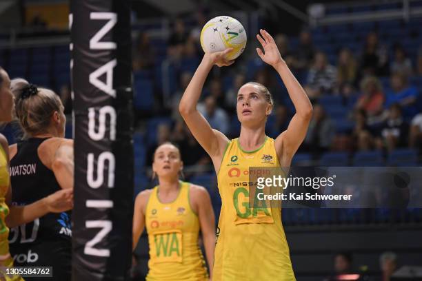 Kiera Austin of Australia shoots during the Constellation Cup International Test Match between the New Zealand Silver Ferns and the Australia...