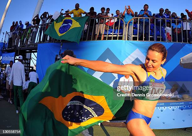 Maurren Maggi of Brazil celebrates after winning the gold medal in the women's long jump final during Day 12 of the XVI Pan American Games at Telmex...