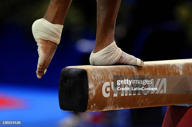 Detail of Elsa Garcia, of Mexico, during the women's individual all around of the artistic gymnastics competition as part of the Pan American Games...