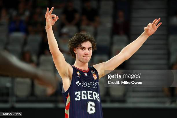 Josh Giddey of the 36ers celebrates after winning the NBL Cup match between the Adelaide 36ers and the Cairns Taipans at John Cain Arena on March 06...