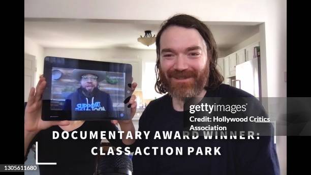 In this screengrab, Chris Charles Scott III and Seth Porges accept the award for Best Documentary for "Class Action Park" during The 4th Annual...