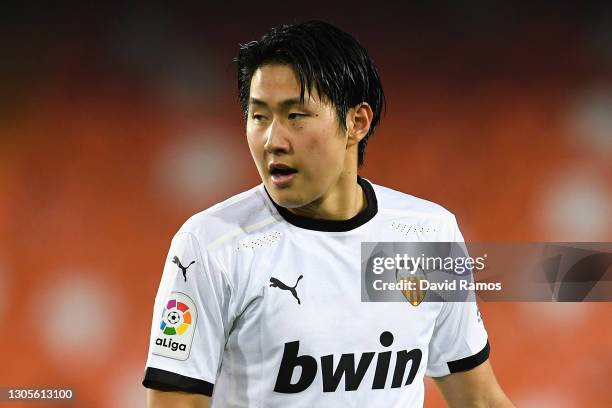 Lee Kang-In of Valencia CF looks on during the La Liga Santander match between Valencia CF and Villarreal CF at Estadio Mestalla on March 05, 2021 in...