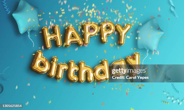 happy birthday in golden balloon with glitter confetti - globo texto fotografías e imágenes de stock