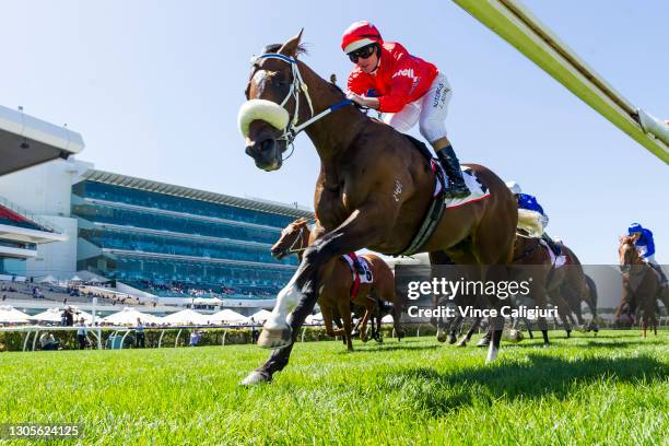 Luke Nolen riding Lightsaber winning Race 4, the Mss Security Sires' Produce Stakes, during Melbourne Racing at Flemington Racecourse on March 06,...