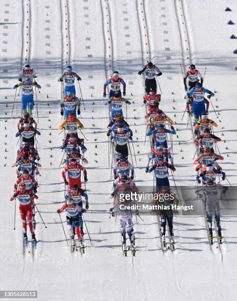 View of the start as the Athletes compete during the Women's Cross Country 30km Mass Start Classic at the FIS Nordic World Ski Championships...