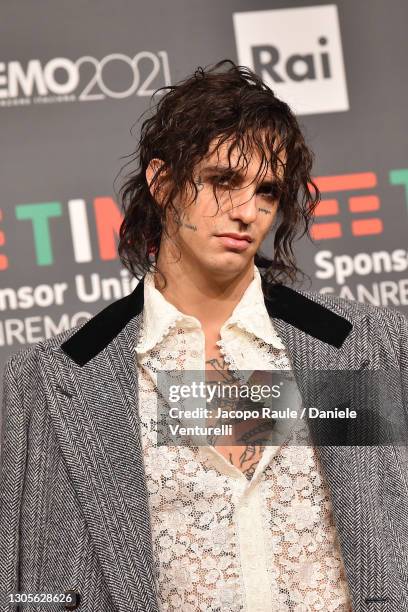 Achille Lauro attends the 71th Sanremo Music Festival 2021 press conference at Casinò on March 06, 2021 in Sanremo, Italy.