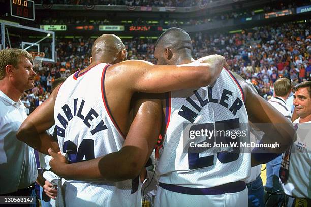 Playoffs: Phoenix Suns Charles Barkley and Oliver Miller during game vs Los Angeles Lakers at America West Arena. Game 5. Phoenix, AZ 5/9/1993...