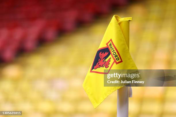 Detailed view of a Watford corner flag is seen prior to the Sky Bet Championship match between Watford and Nottingham Forest at Vicarage Road on...