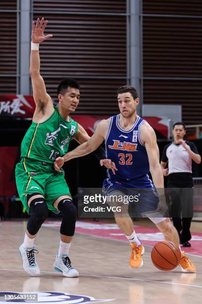 Jimmer Fredette of Shanghai Sharks drives the ball during 2020/2021 Chinese Basketball Association League match between Shanghai Sharks and Liaoning...
