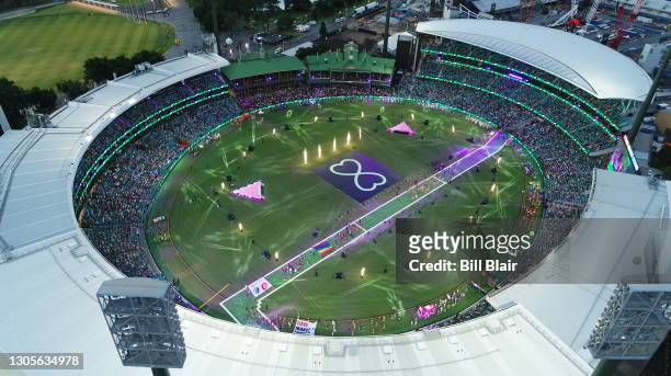 An aerial view inside the stadium during the 43rd Sydney Gay and Lesbian Mardi Gras Parade at the SCG on March 06, 2021 in Sydney, Australia. The...
