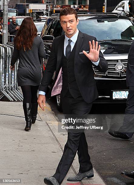 Actor Justin Timberlake arrives to "Late Show With David Letterman" at the Ed Sullivan Theater on October 26, 2011 in New York City.