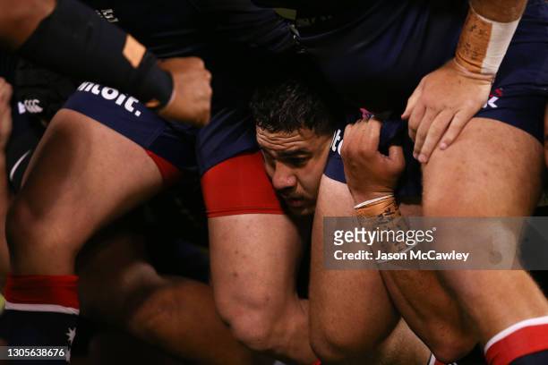 Trevor Hosea of the Melbourne Rebels packs into a scrum during the round three Super RugbyAU match between the Melbourne Rebels and the Brumbies at...