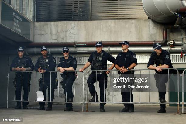 Police look on during the 43rd Sydney Gay and Lesbian Mardi Gras Parade at the SCG on March 06, 2021 in Sydney, Australia. The Sydney Mardi Gras...