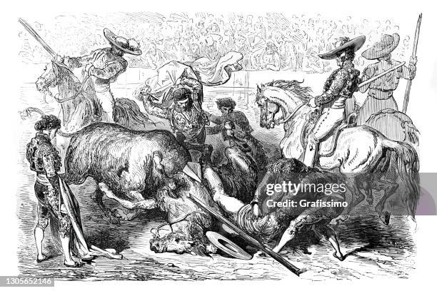 ilustraciones, imágenes clip art, dibujos animados e iconos de stock de el picador en la plaza de toros en peligro españa 1862 - toreo