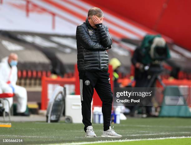 Chris Wilder, Manager of Sheffield United reacts during the Premier League match between Sheffield United and Southampton at Bramall Lane on March...