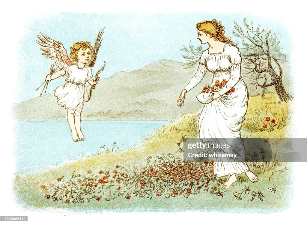 Amor erscheint einer jungen Frau, die Blumen auf dem Boden streuen