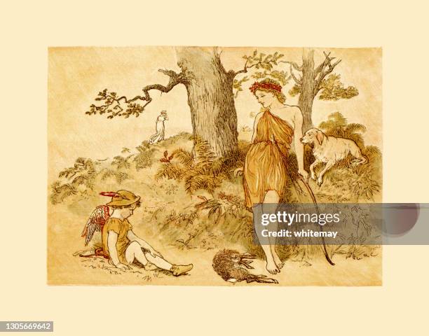 mythological scene with artemis the huntress - artemis greek god stock illustrations