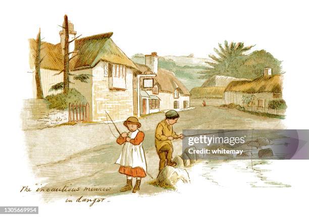 illustrations, cliparts, dessins animés et icônes de deux enfants victoriens pêchant dans un étang de canard de village - fishing village