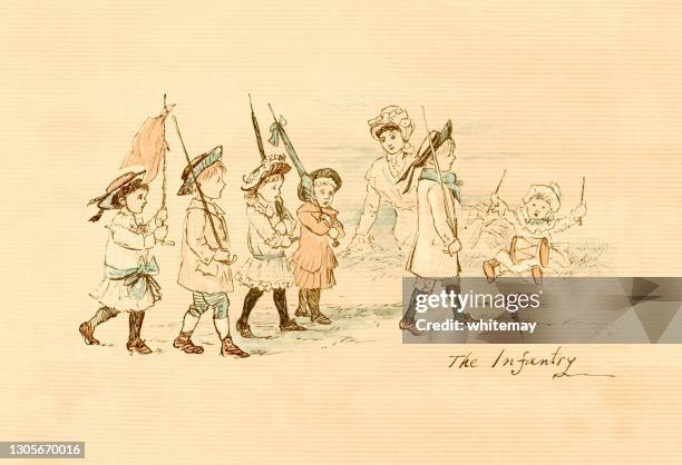 victorian children playing at being infantrymen - kid marching stock illustrations