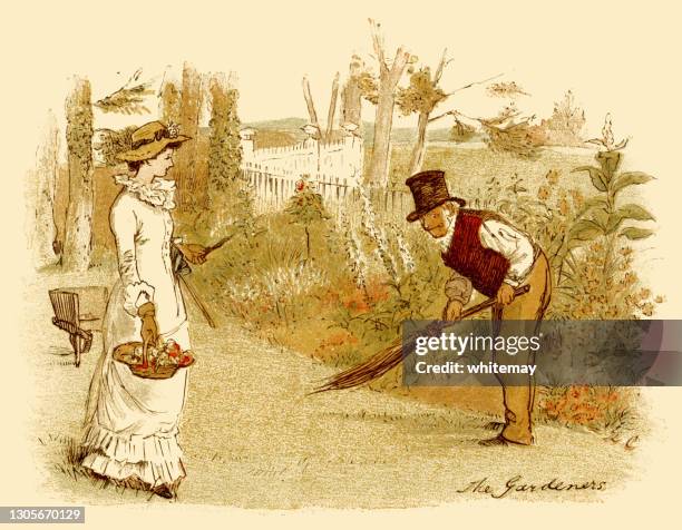 stockillustraties, clipart, cartoons en iconen met victoriaanse dame die haar tuinman bijstaan - 19th century woman sweeping with a broom