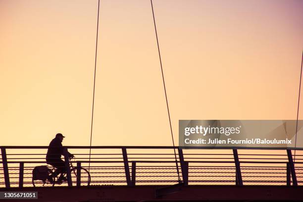 silhouette of a cyclist passing over a bridge, above the loire. - indre et loire stock pictures, royalty-free photos & images