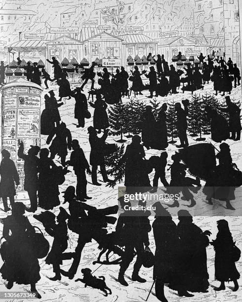 christmas market silhouettes - german christmas market stock illustrations