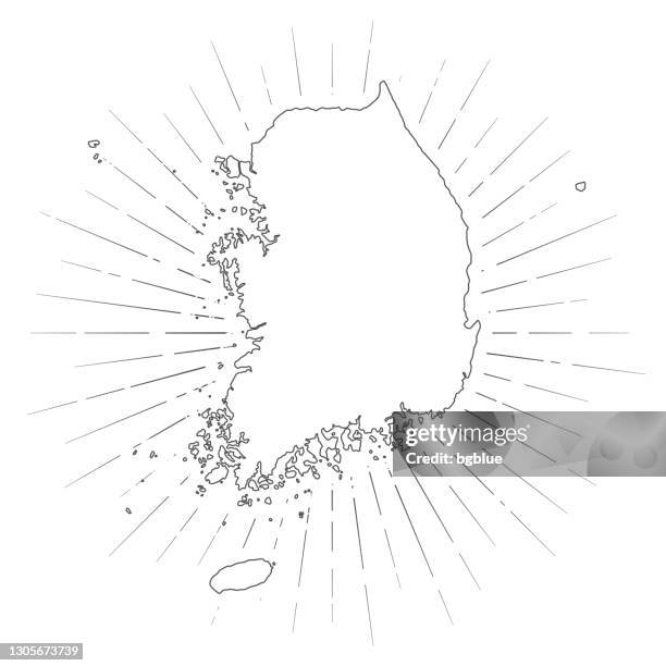 ilustraciones, imágenes clip art, dibujos animados e iconos de stock de mapa de corea del sur con rayos de sol sobre fondo blanco - península