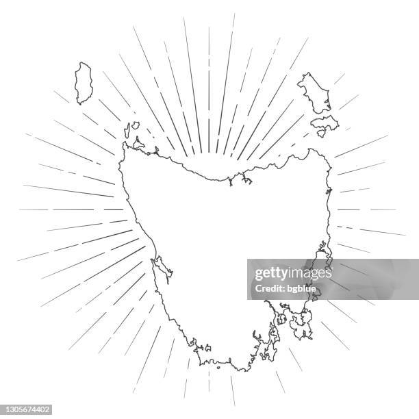 tasmanien karte mit sonnenstrahlen auf weißem hintergrund - map tasmania stock-grafiken, -clipart, -cartoons und -symbole
