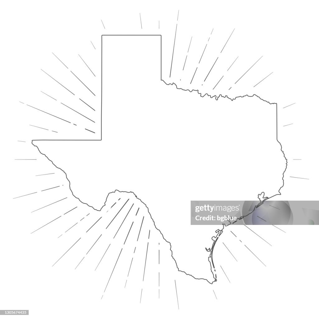 Mappa del Texas con raggi del sole su sfondo bianco