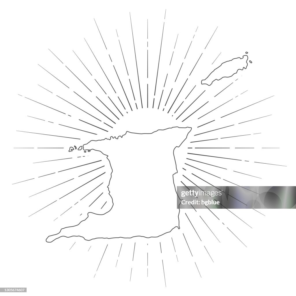 Mapa de Trinidad y Tobago con rayos de sol sobre fondo blanco