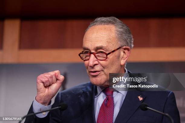 Senate Majority Leader Sen. Chuck Schumer speaks to the press at the U.S. Capitol on March 06, 2021 in Washington, DC. The Senate passed the latest...