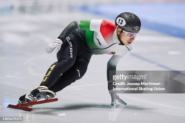 Shaoang Liu of Hungary competes in the Men's 500m final during day 2 of the ISU World Short Track Speed Skating Championships at Sportboulevard...