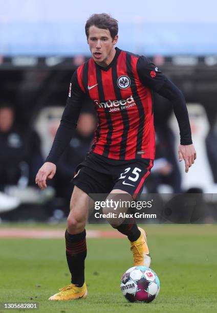 Erik Durm of Frankfurt controls the ball during the Bundesliga match between Eintracht Frankfurt and VfB Stuttgart at Deutsche Bank Park on March 06,...