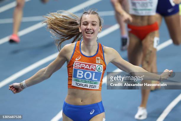 Femke Bol of Netherlands celebrates after her victory in Women's 400 metres final during the second session on Day 2 of European Athletics Indoor...