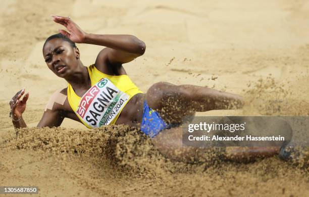 Khaddi Sagnia of Sweden competes in the Women's Long Jump final during the second session on Day 2 of European Athletics Indoor Championships at...