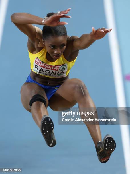 Khaddi Sagnia of Sweden competes in the Women's Long Jump final during the second session on Day 2 of European Athletics Indoor Championships at...