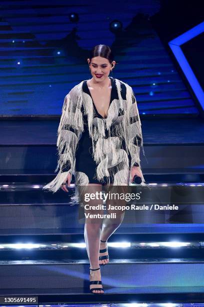 Gaia Gozzi is seen on stage during at the 71th Sanremo Music Festival 2021 at Teatro Ariston on March 06, 2021 in Sanremo, Italy.