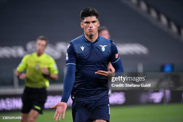 Joaquín Correa of SS Lazio celebrates a goal during the Serie A match between Juventus and SS Lazio at Allianz Stadium on March 6, 2021 in Turin,...