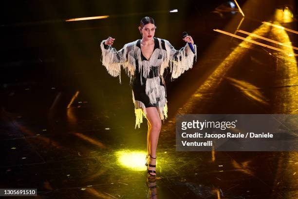 Gaia Gozzi is seen on stage during at the 71th Sanremo Music Festival 2021 at Teatro Ariston on March 06, 2021 in Sanremo, Italy.