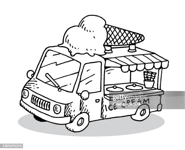 ilustraciones, imágenes clip art, dibujos animados e iconos de stock de camión de crema i̇ce dibujado a mano - mechanical drawing car