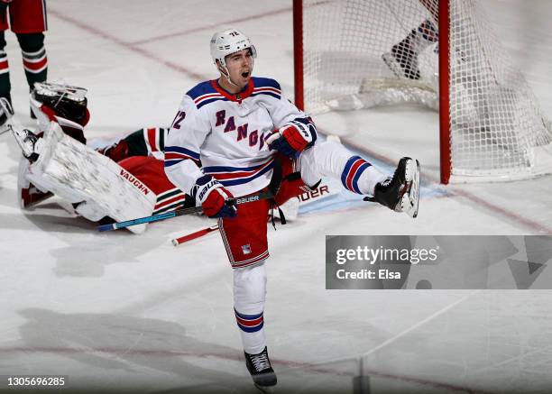 Filip Chytil of the New York Rangers celebrates his goal in the third period as Mackenzie Blackwood of the New Jersey Devils reacts at Prudential...