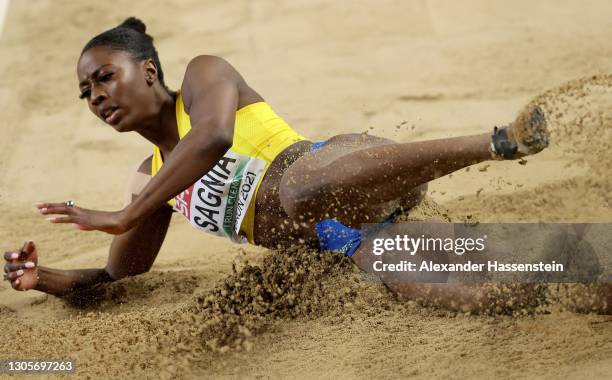 Khaddi Sagnia of Sweden competes in the Women's Long Jump final during the second session on Day 2 of European Athletics Indoor Championships at...