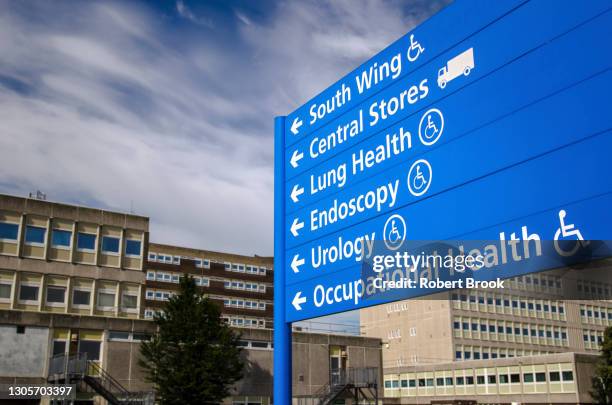 hospital sign giving directions to different medical departments. - hospital building exterior stock pictures, royalty-free photos & images