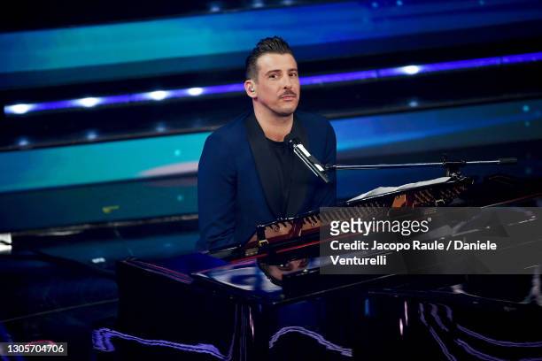 Francesco Gabbani is seen on stage during at the 71th Sanremo Music Festival 2021 at Teatro Ariston on March 06, 2021 in Sanremo, Italy.