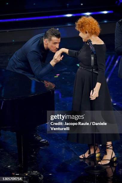 Francesco Gabbani and Ornella Vanoni are seen on stage during at the 71th Sanremo Music Festival 2021 at Teatro Ariston on March 06, 2021 in Sanremo,...